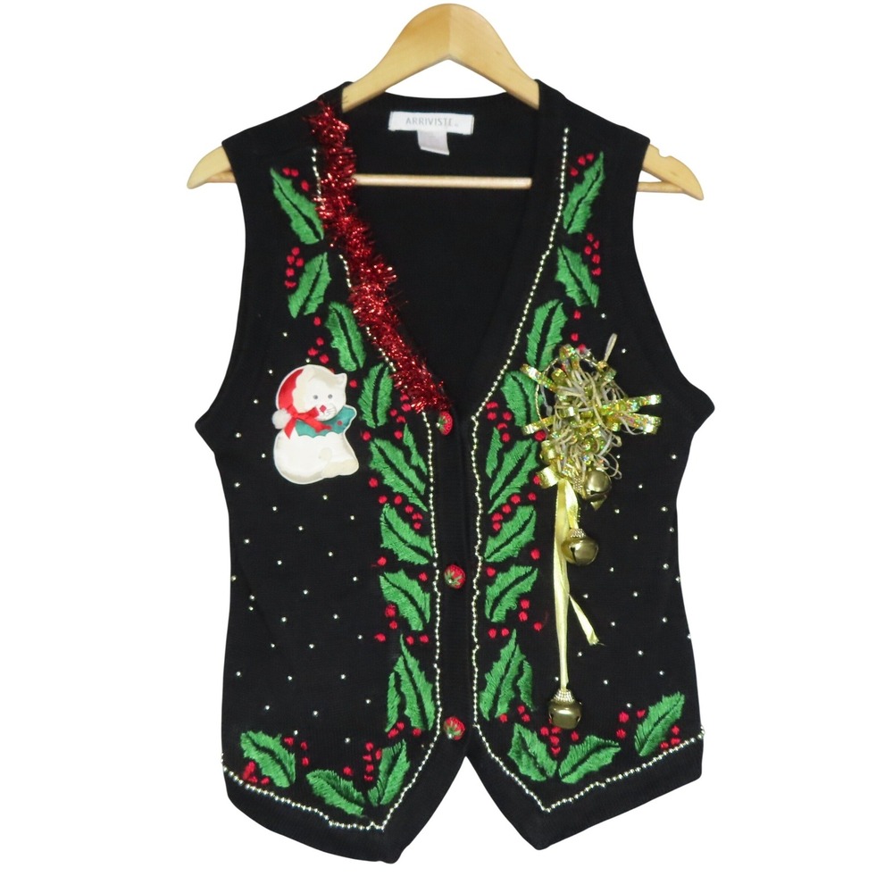 Arriviste Ugly Christmas‎ Sweater Vest Black Cat Holly Jingle Bells VTG Medium